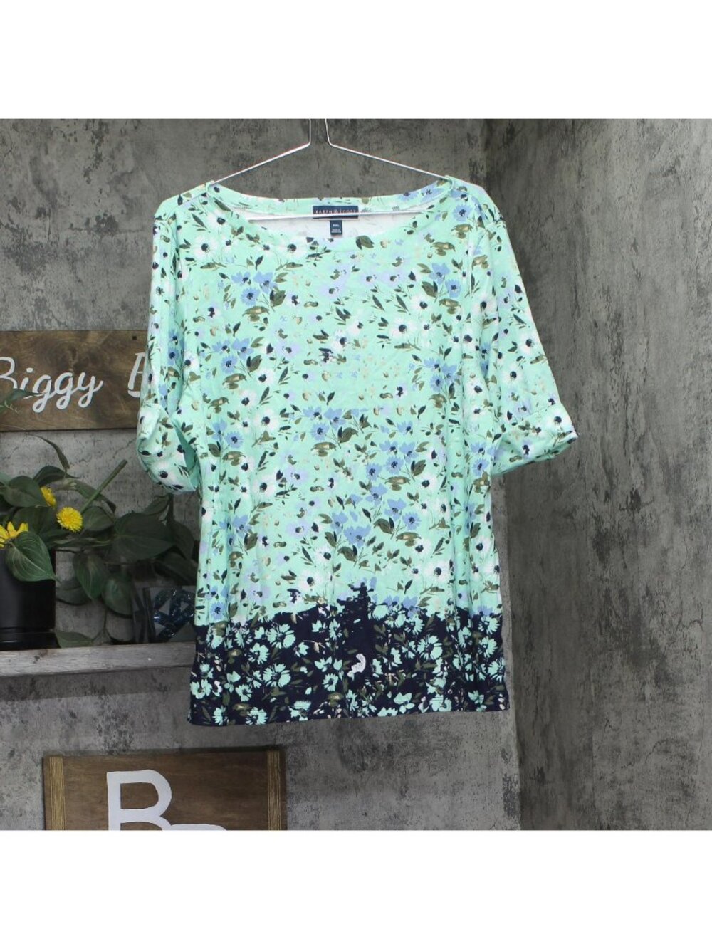 Karen Scott Neck Knit Rolled Sleeve Half-Sleeve Top Mint Green Blue Multi 2XL